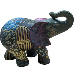 Elephant Animal Figurine Paisley Floral Trunk 8" Decor Excellent Condition